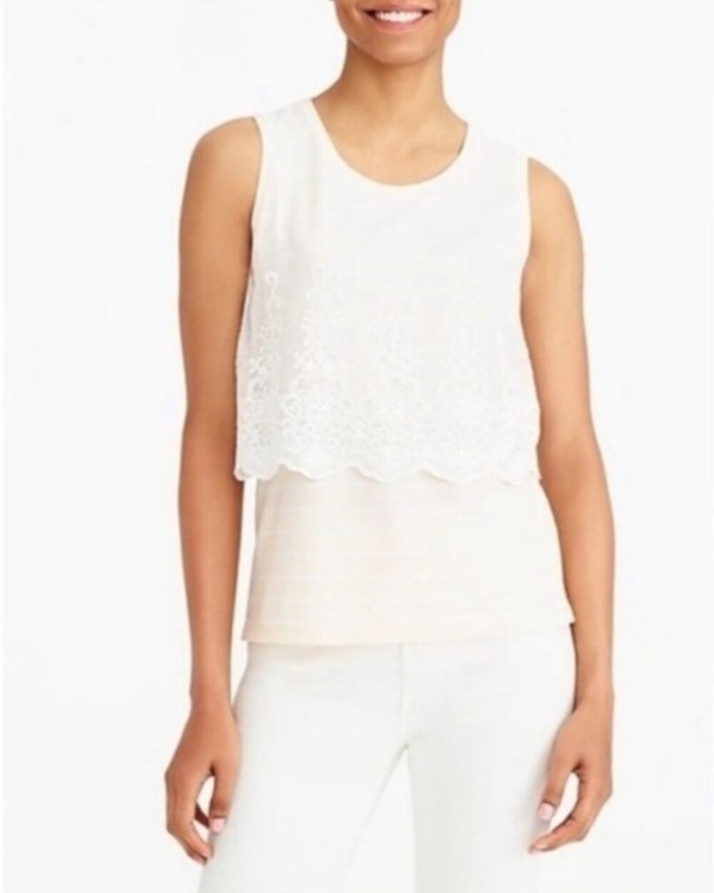 J. Crew Embroidered Overlay Striped Tank Top Peach Cream J2969 Size S